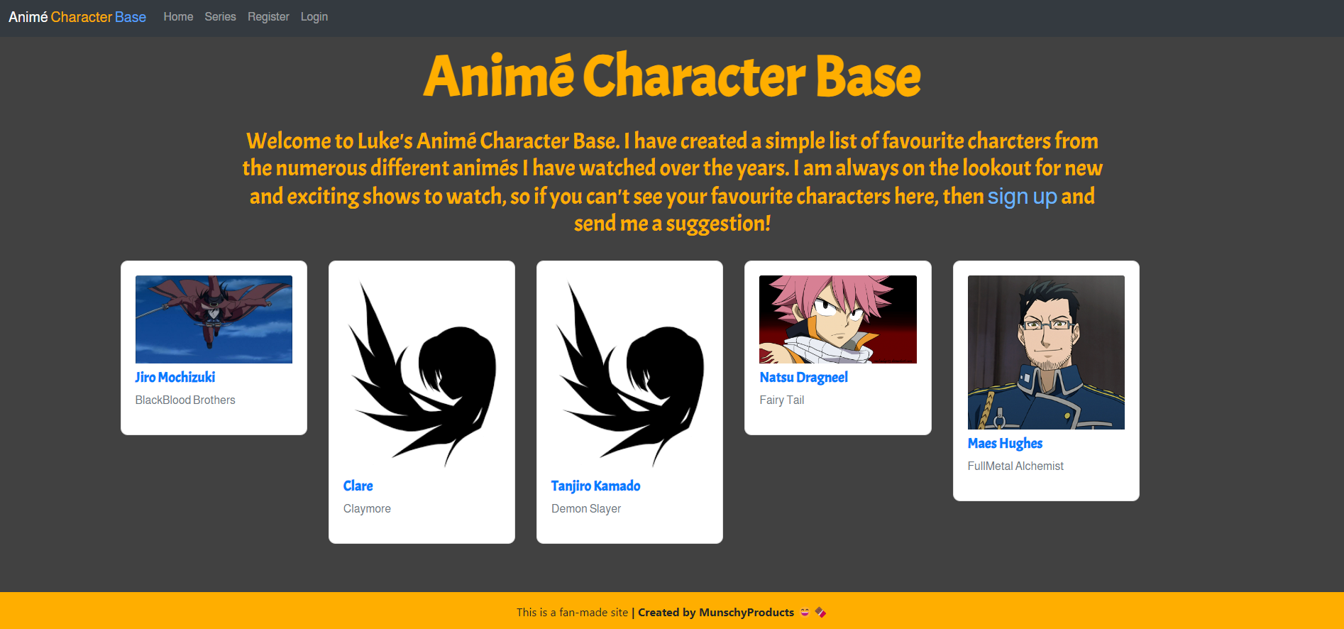 Animé Character Base screengrab from deployed site