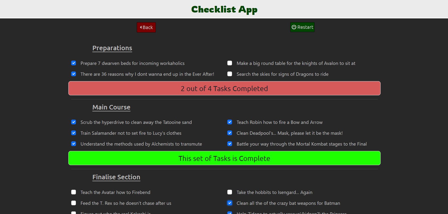 Checklist App screengrab from deployed site