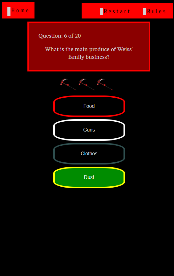 RWBY Quiz screengrab from deployed site